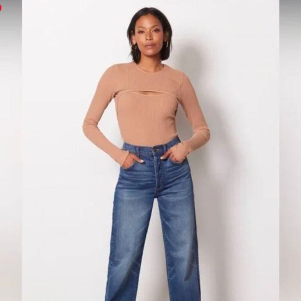 AGOLDE Beige Ribbed Knit Chest Cutout Long Sleeve Top Nude Tan